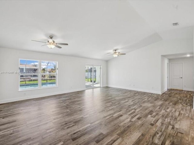 unfurnished living room with ceiling fan and wood-type flooring