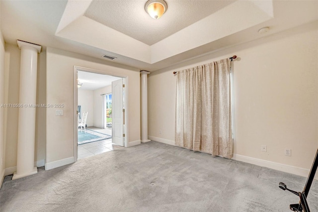 spare room with a raised ceiling, a textured ceiling, and light carpet