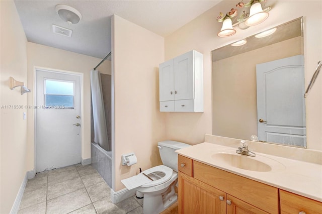 full bathroom featuring vanity, toilet, shower / tub combo, and tile patterned flooring