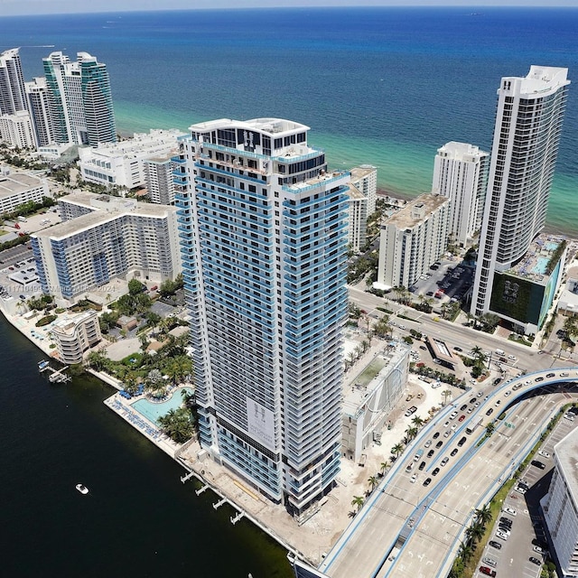 drone / aerial view featuring a water view