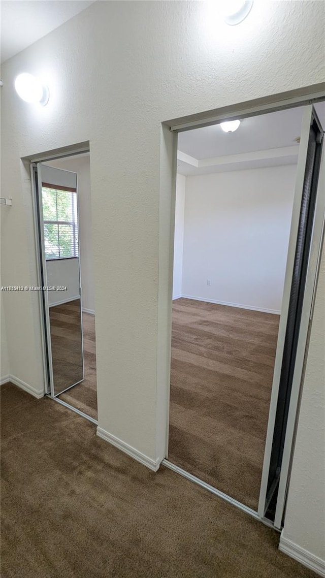 interior space with a closet and dark colored carpet