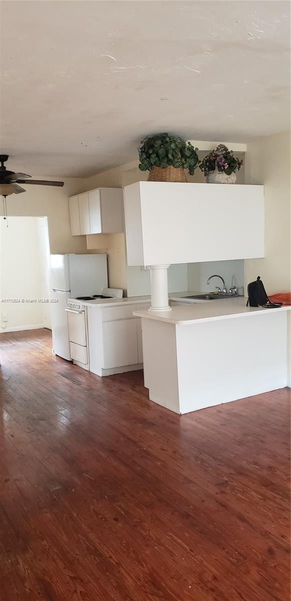 kitchen featuring ceiling fan, dark hardwood / wood-style flooring, white cabinetry, and electric stove