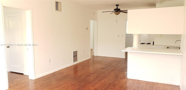 interior space with hardwood / wood-style floors, ceiling fan, and sink