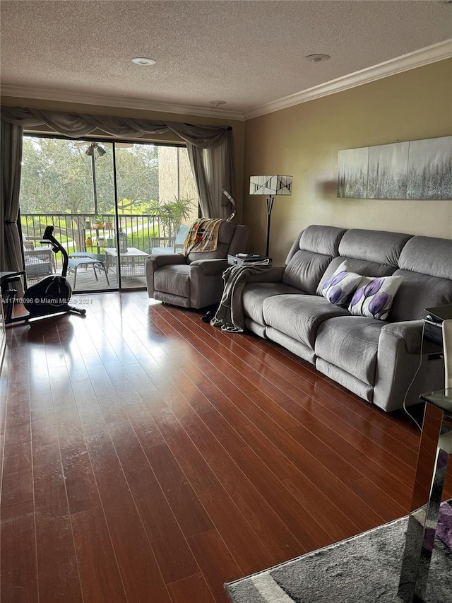 living room with ornamental molding, a textured ceiling, and dark wood-type flooring