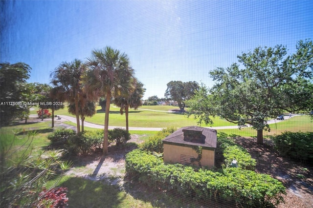 surrounding community featuring a yard and a storage shed