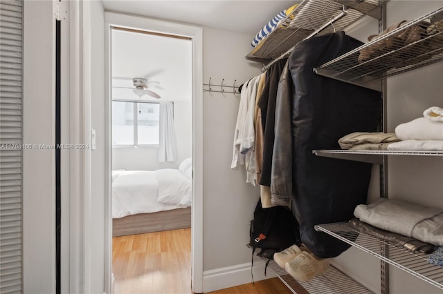 spacious closet with wood-type flooring and ceiling fan