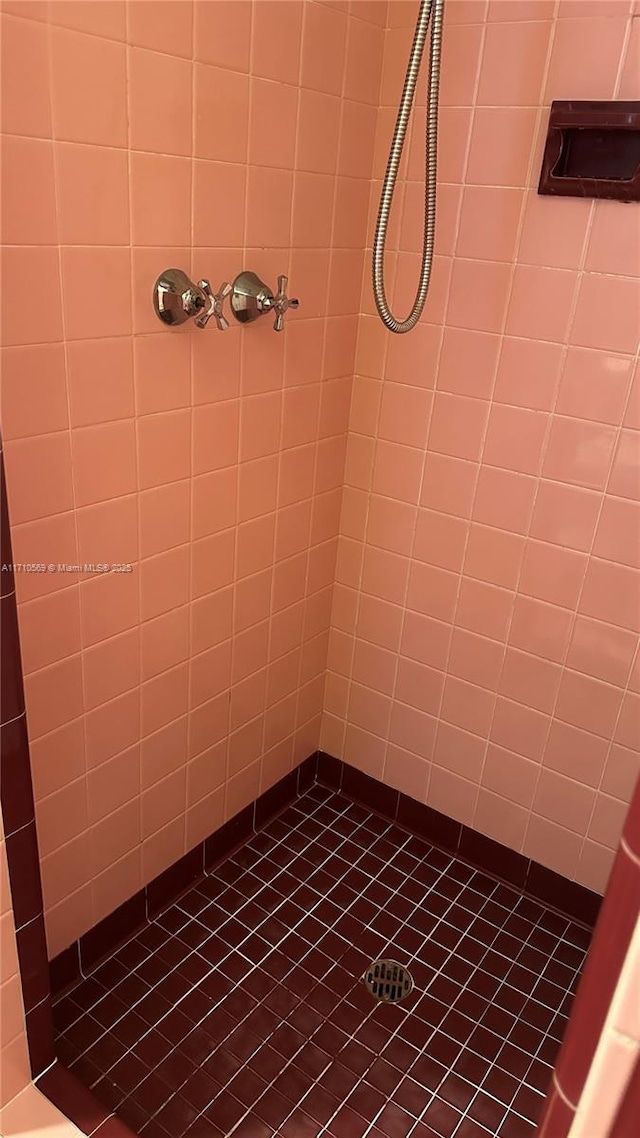 bathroom featuring tile patterned floors and tiled shower