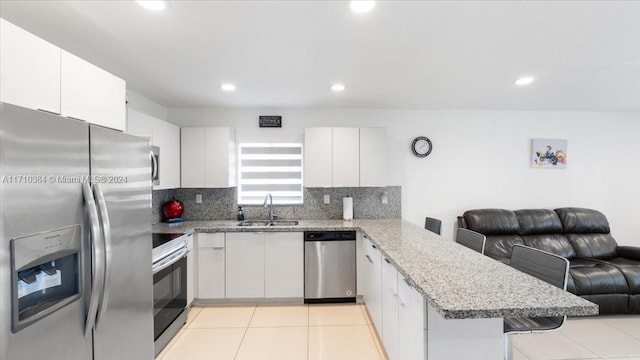 kitchen featuring white cabinets, kitchen peninsula, backsplash, and appliances with stainless steel finishes