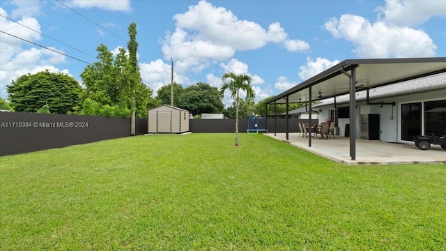 view of yard featuring a shed and a patio area