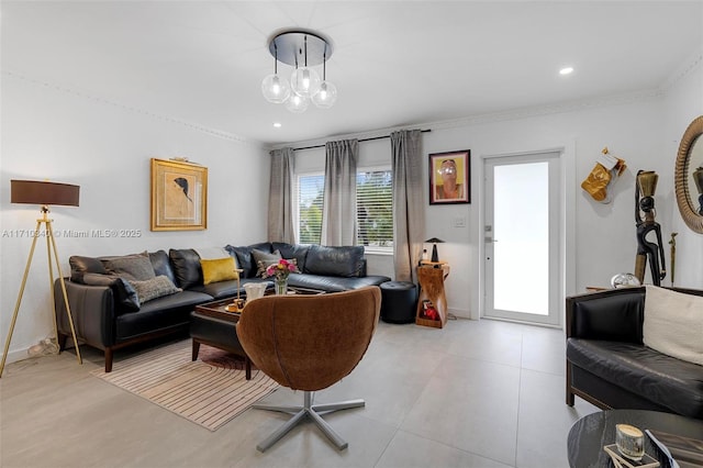 living room with crown molding