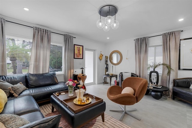 living room featuring crown molding