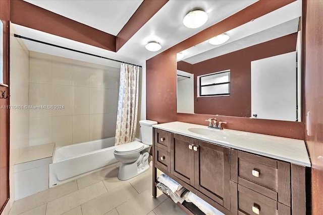 full bathroom with toilet, vanity, tile patterned floors, and shower / bathtub combination with curtain