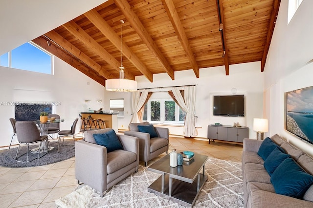 tiled living room featuring beamed ceiling, high vaulted ceiling, and wood ceiling