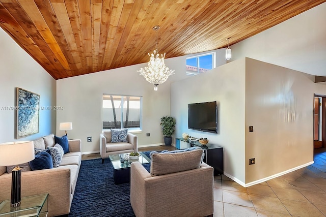 tiled living room with wood ceiling, high vaulted ceiling, and an inviting chandelier