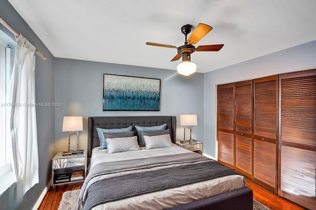 bedroom featuring ceiling fan, dark hardwood / wood-style flooring, and a closet