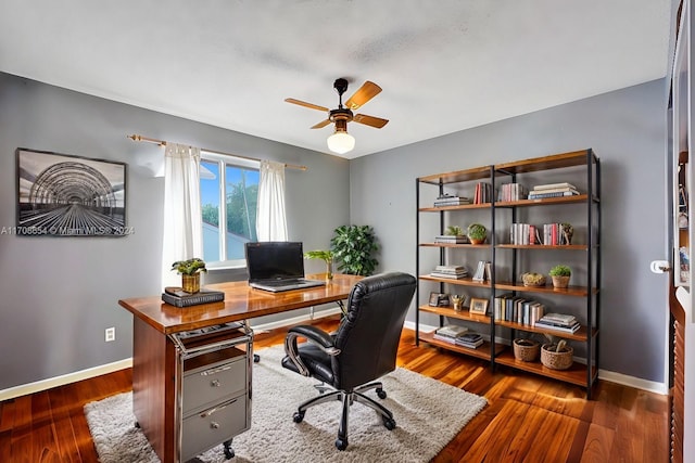 office area with ceiling fan and dark wood-type flooring