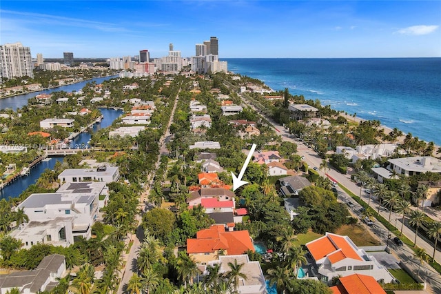 aerial view featuring a water view