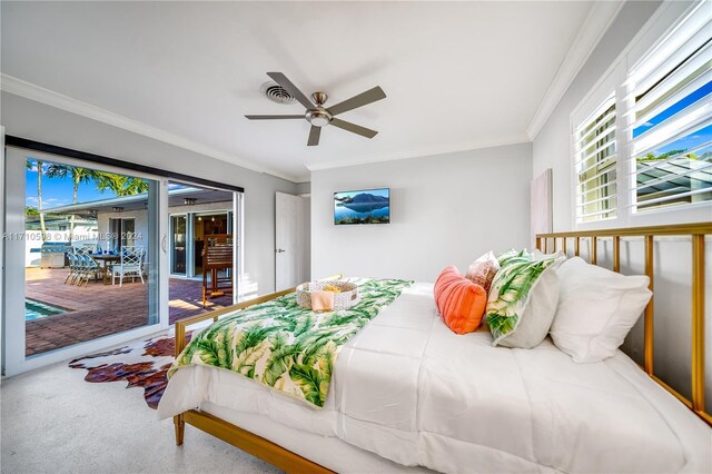 carpeted bedroom with access to outside, ceiling fan, and ornamental molding