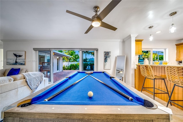 game room featuring hardwood / wood-style flooring, ceiling fan, ornamental molding, and pool table