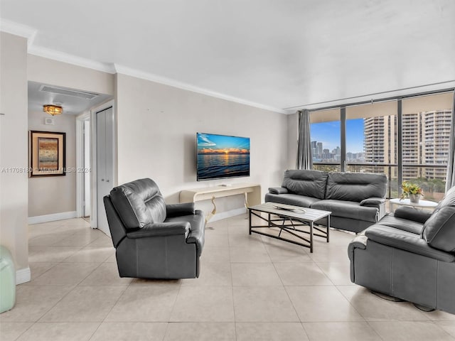 tiled living room featuring ornamental molding