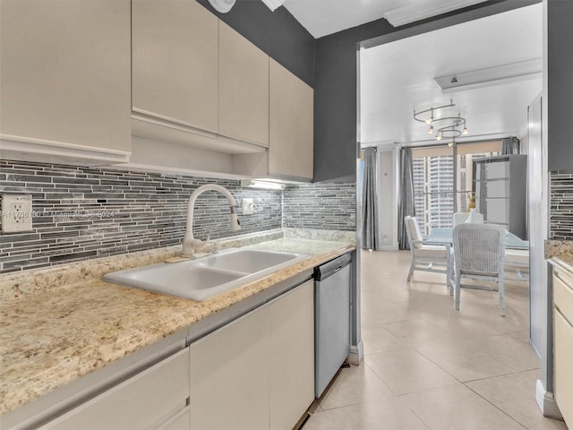 kitchen featuring backsplash, dishwasher, sink, and light tile patterned floors