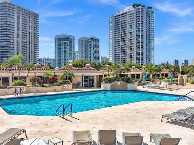 view of swimming pool with a patio