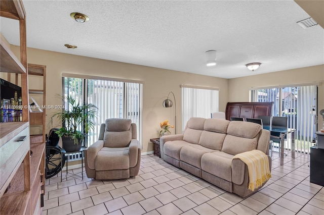 living room with a textured ceiling and a wealth of natural light