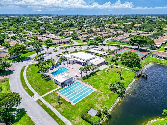 bird's eye view with a water view