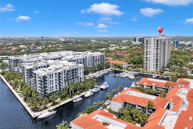 birds eye view of property featuring a water view