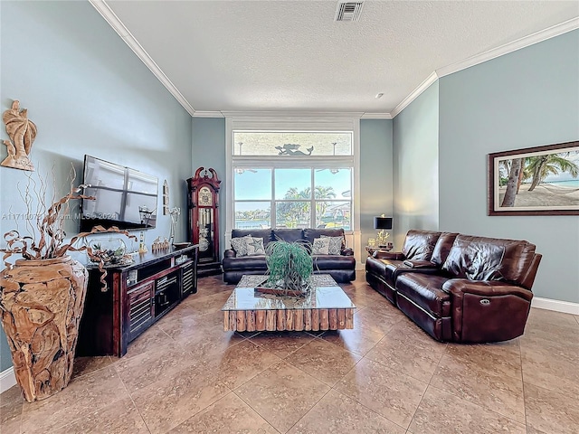 living room featuring a textured ceiling and ornamental molding