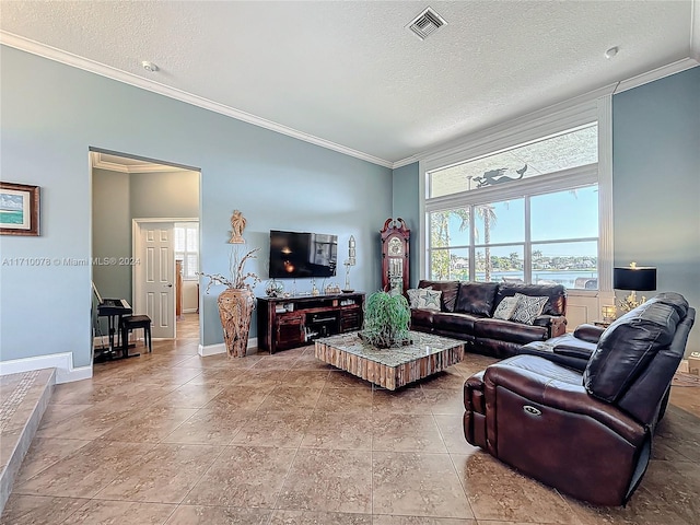 living room with a textured ceiling and ornamental molding