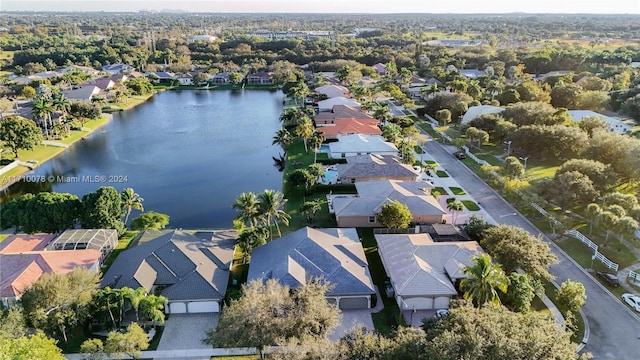 drone / aerial view featuring a water view