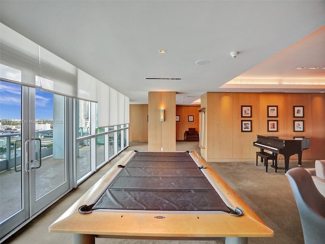 rec room featuring carpet, a healthy amount of sunlight, wooden walls, and a raised ceiling