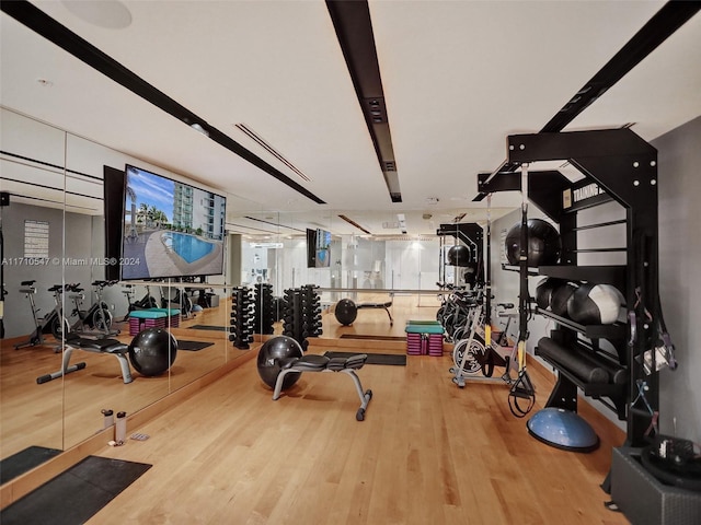 gym featuring wood-type flooring