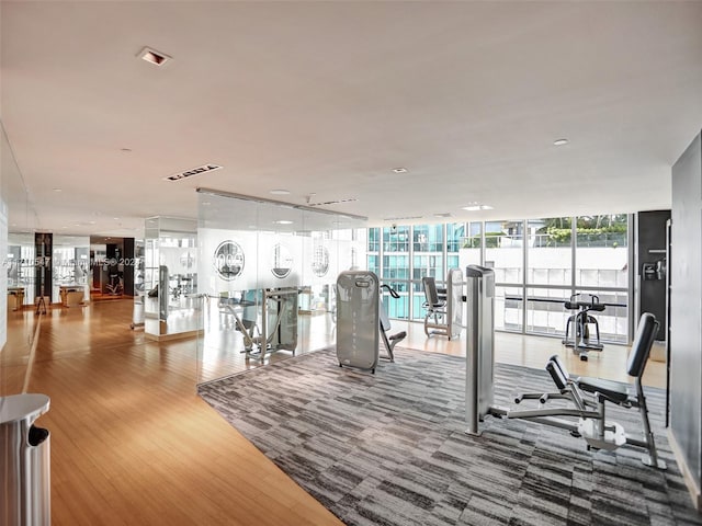 gym featuring wood-type flooring and floor to ceiling windows