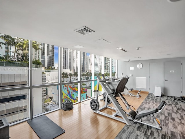 gym with wood-type flooring and a wall of windows