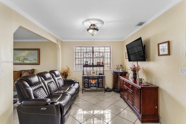 tiled living room featuring ornamental molding