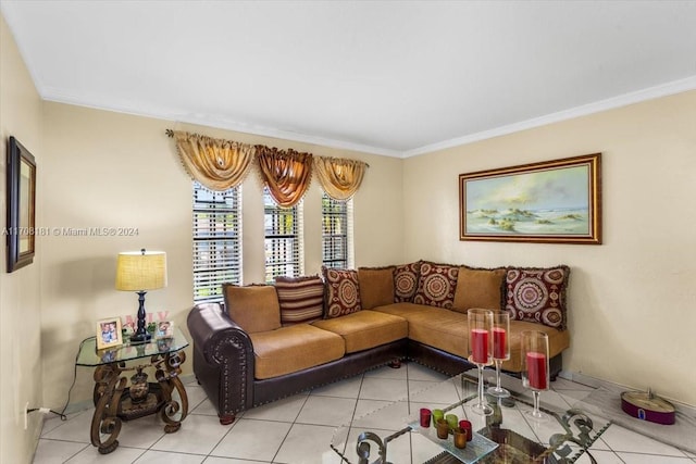 tiled living room with crown molding