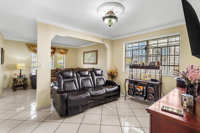 tiled living room featuring crown molding