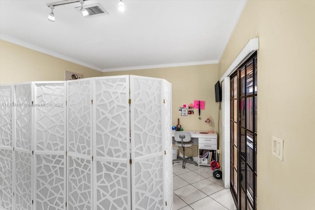 bathroom with track lighting, tile patterned floors, and ornamental molding