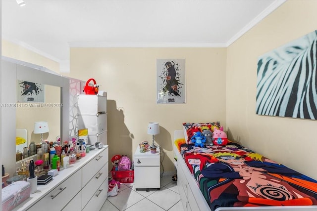 bedroom with crown molding and light tile patterned floors