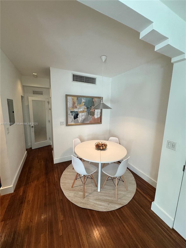 dining room with electric panel and dark wood-type flooring