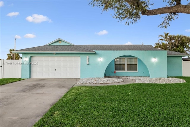 ranch-style house featuring a front yard and a garage