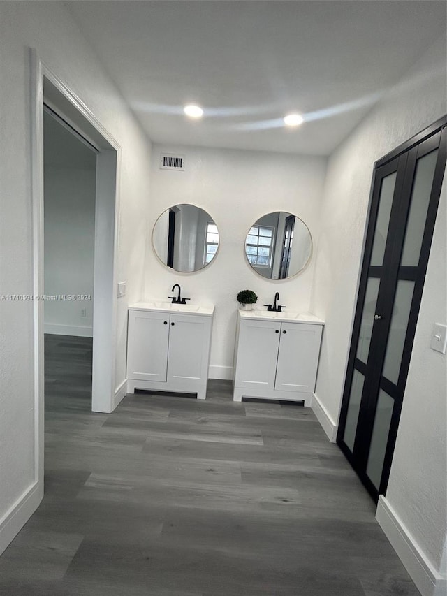 bathroom with hardwood / wood-style floors and vanity