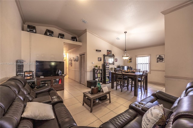 living room featuring light tile patterned flooring, lofted ceiling, and crown molding