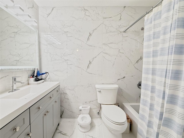 full bathroom with vanity, shower / bathtub combination with curtain, toilet, and tile walls