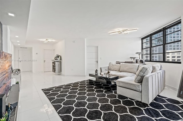 living room featuring tile patterned flooring