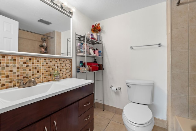 full bathroom with vanity, tile patterned flooring, decorative backsplash, toilet, and a textured ceiling