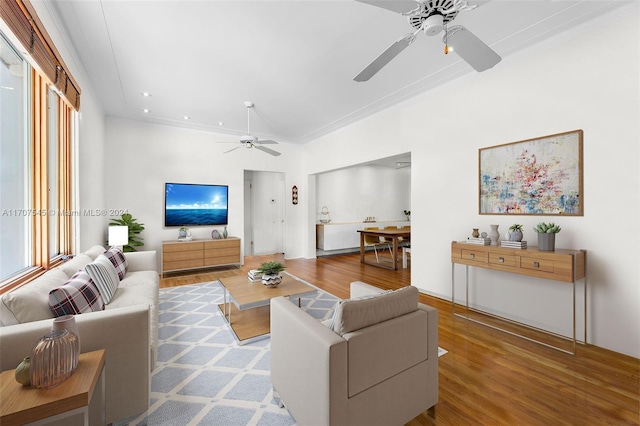 living room with wood-type flooring, ceiling fan, and ornamental molding