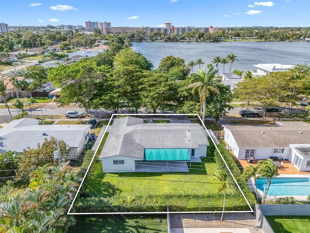 aerial view featuring a water view